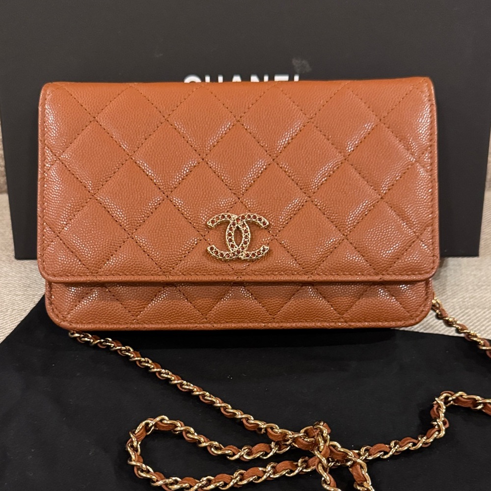 CHANEL Shiny Caviar Quilted Strass Wallet On Chain WOC Light Brown